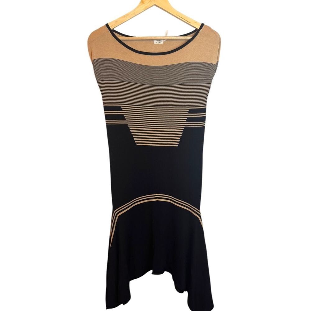 Leon Max Limited Edition Black & Tan Striped Asymmetric Hem Shift Dress Medium